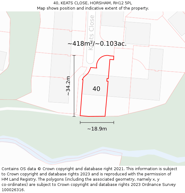 40, KEATS CLOSE, HORSHAM, RH12 5PL: Plot and title map