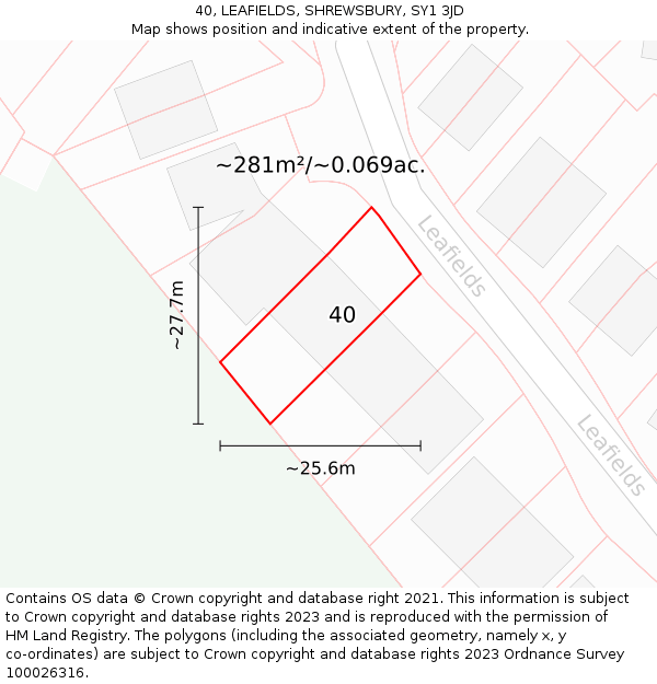 40, LEAFIELDS, SHREWSBURY, SY1 3JD: Plot and title map