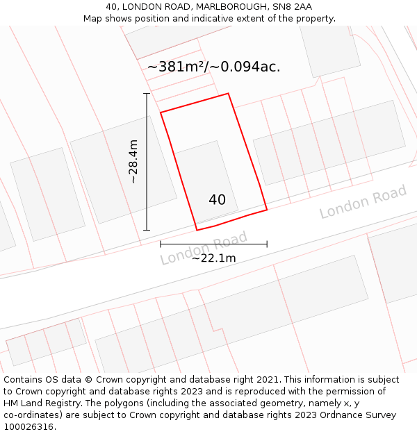 40, LONDON ROAD, MARLBOROUGH, SN8 2AA: Plot and title map