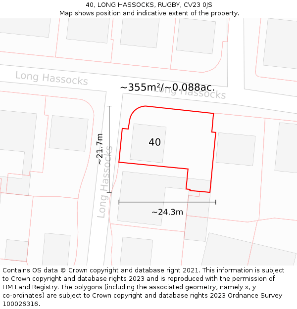 40, LONG HASSOCKS, RUGBY, CV23 0JS: Plot and title map