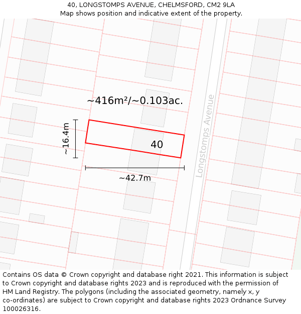 40, LONGSTOMPS AVENUE, CHELMSFORD, CM2 9LA: Plot and title map