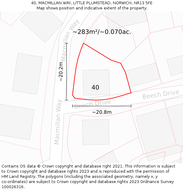 40, MACMILLAN WAY, LITTLE PLUMSTEAD, NORWICH, NR13 5FE: Plot and title map