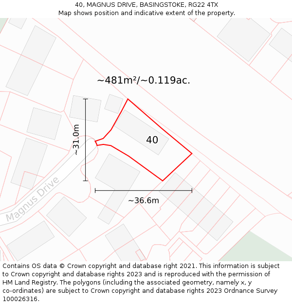 40, MAGNUS DRIVE, BASINGSTOKE, RG22 4TX: Plot and title map