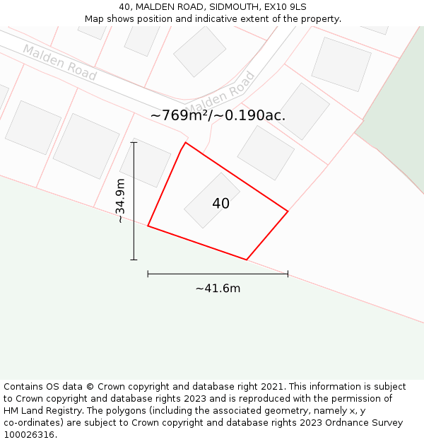 40, MALDEN ROAD, SIDMOUTH, EX10 9LS: Plot and title map