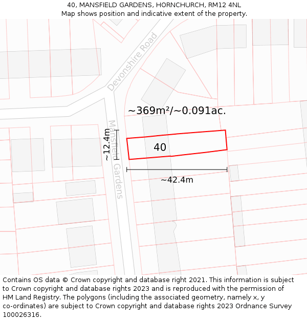 40, MANSFIELD GARDENS, HORNCHURCH, RM12 4NL: Plot and title map