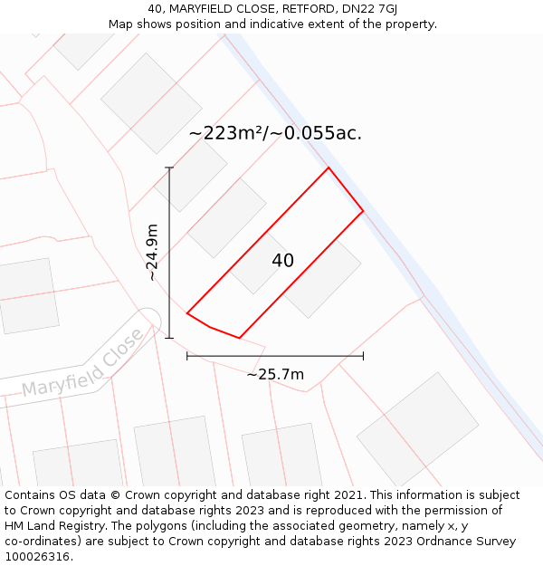 40, MARYFIELD CLOSE, RETFORD, DN22 7GJ: Plot and title map