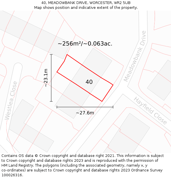 40, MEADOWBANK DRIVE, WORCESTER, WR2 5UB: Plot and title map