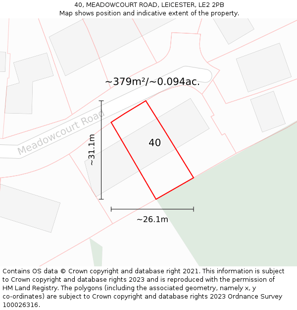 40, MEADOWCOURT ROAD, LEICESTER, LE2 2PB: Plot and title map