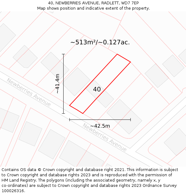 40, NEWBERRIES AVENUE, RADLETT, WD7 7EP: Plot and title map