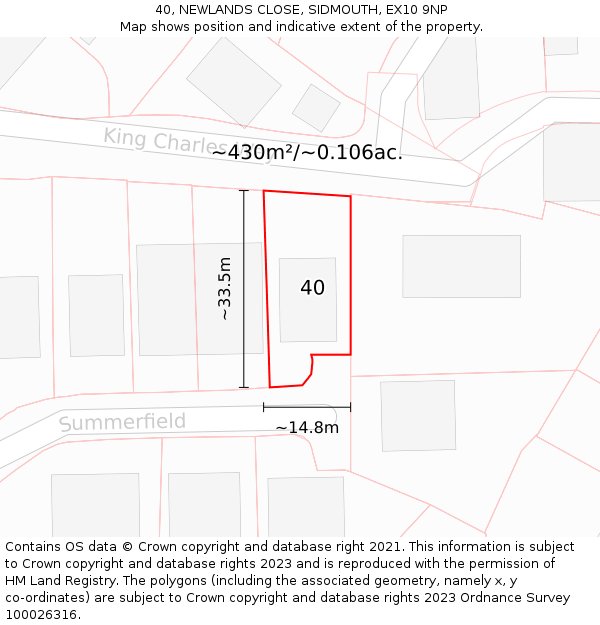 40, NEWLANDS CLOSE, SIDMOUTH, EX10 9NP: Plot and title map