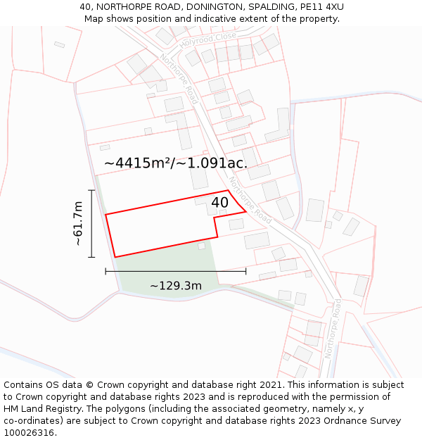 40, NORTHORPE ROAD, DONINGTON, SPALDING, PE11 4XU: Plot and title map