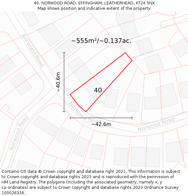 40, NORWOOD ROAD, EFFINGHAM, LEATHERHEAD, KT24 5NX: Plot and title map