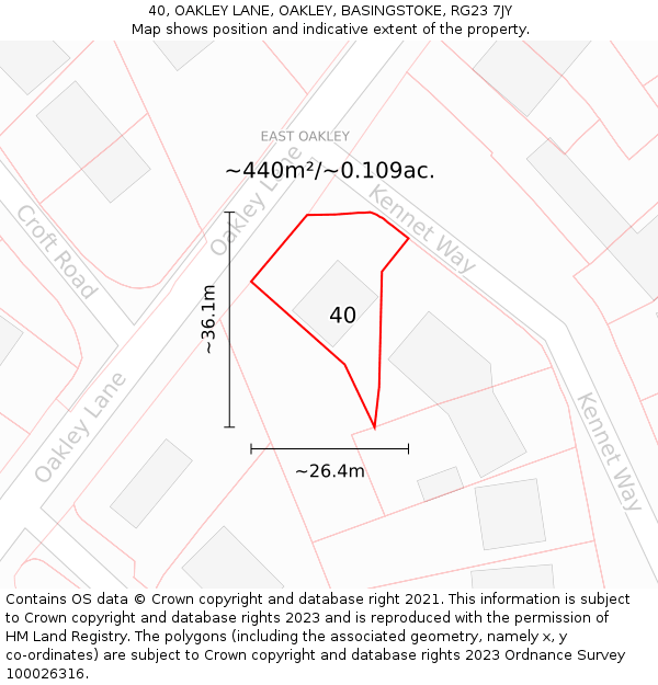 40, OAKLEY LANE, OAKLEY, BASINGSTOKE, RG23 7JY: Plot and title map