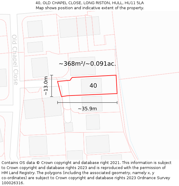 40, OLD CHAPEL CLOSE, LONG RISTON, HULL, HU11 5LA: Plot and title map