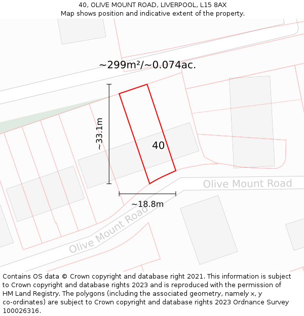 40, OLIVE MOUNT ROAD, LIVERPOOL, L15 8AX: Plot and title map