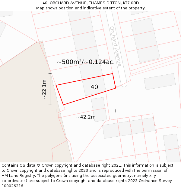 40, ORCHARD AVENUE, THAMES DITTON, KT7 0BD: Plot and title map