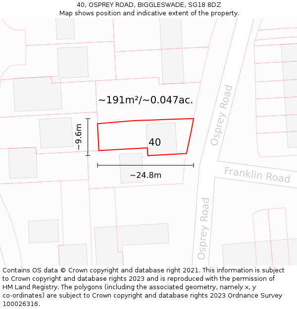 40, OSPREY ROAD, BIGGLESWADE, SG18 8DZ: Plot and title map