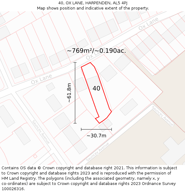 40, OX LANE, HARPENDEN, AL5 4PJ: Plot and title map