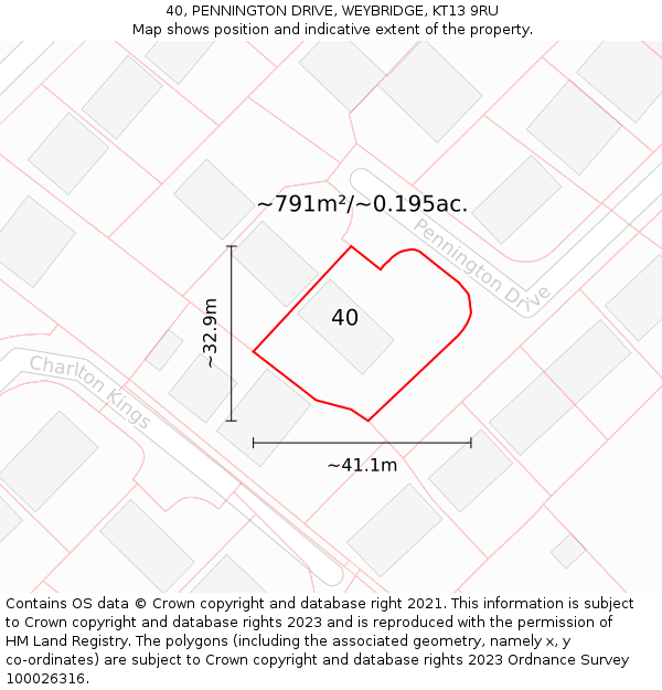 40, PENNINGTON DRIVE, WEYBRIDGE, KT13 9RU: Plot and title map