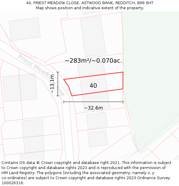 40, PRIEST MEADOW CLOSE, ASTWOOD BANK, REDDITCH, B96 6HT: Plot and title map