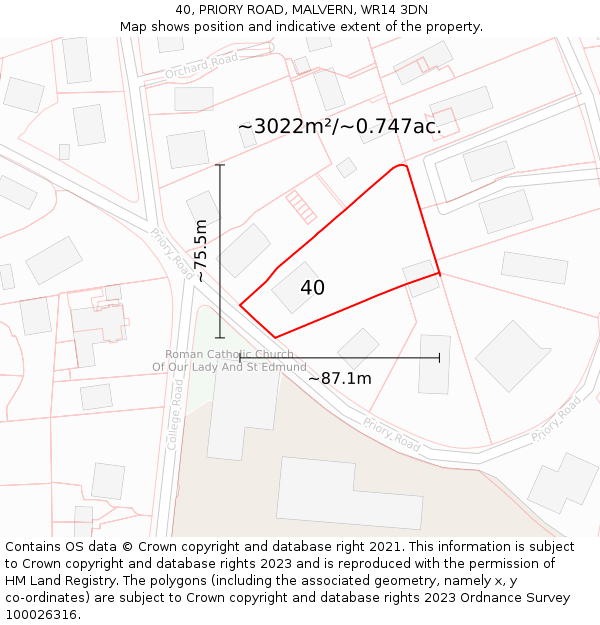40, PRIORY ROAD, MALVERN, WR14 3DN: Plot and title map