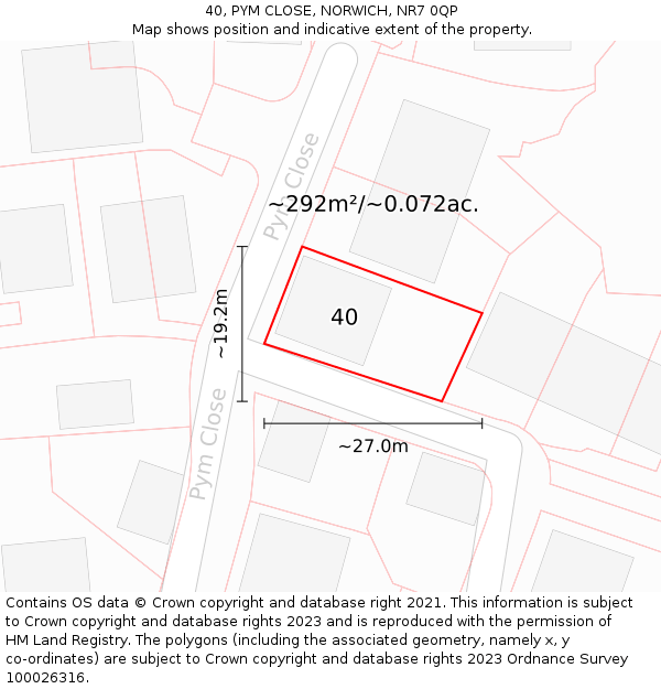 40, PYM CLOSE, NORWICH, NR7 0QP: Plot and title map