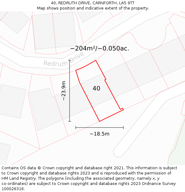 40, REDRUTH DRIVE, CARNFORTH, LA5 9TT: Plot and title map