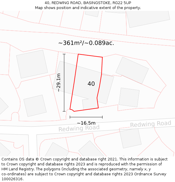 40, REDWING ROAD, BASINGSTOKE, RG22 5UP: Plot and title map