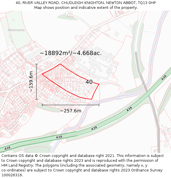 40, RIVER VALLEY ROAD, CHUDLEIGH KNIGHTON, NEWTON ABBOT, TQ13 0HP: Plot and title map