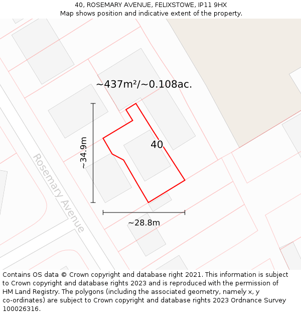 40, ROSEMARY AVENUE, FELIXSTOWE, IP11 9HX: Plot and title map