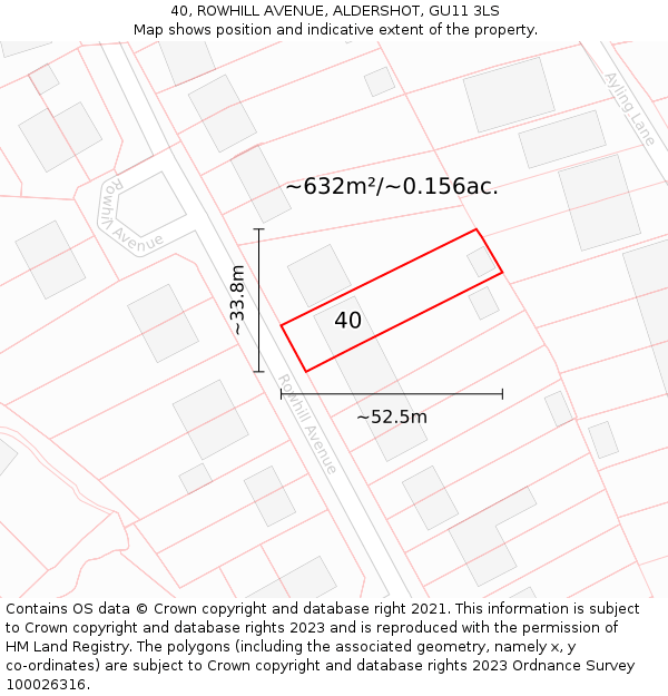 40, ROWHILL AVENUE, ALDERSHOT, GU11 3LS: Plot and title map