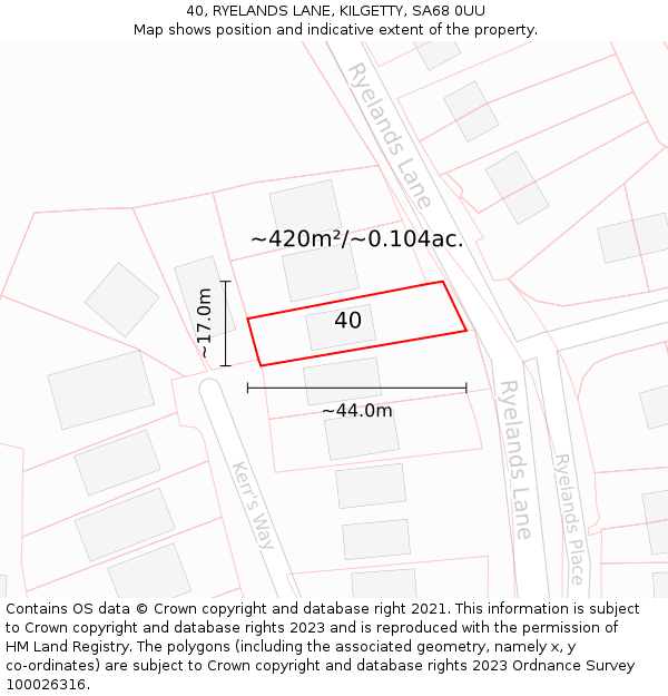 40, RYELANDS LANE, KILGETTY, SA68 0UU: Plot and title map