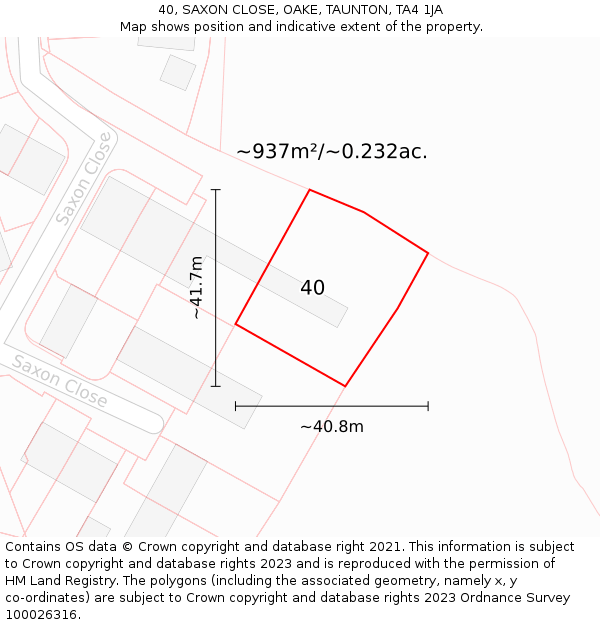 40, SAXON CLOSE, OAKE, TAUNTON, TA4 1JA: Plot and title map