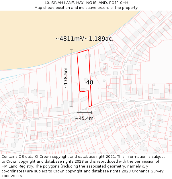 40, SINAH LANE, HAYLING ISLAND, PO11 0HH: Plot and title map