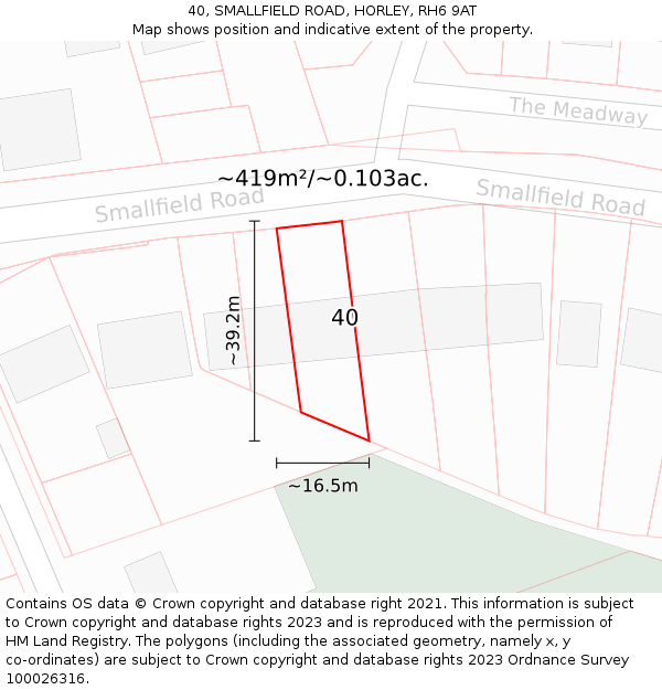 40, SMALLFIELD ROAD, HORLEY, RH6 9AT: Plot and title map