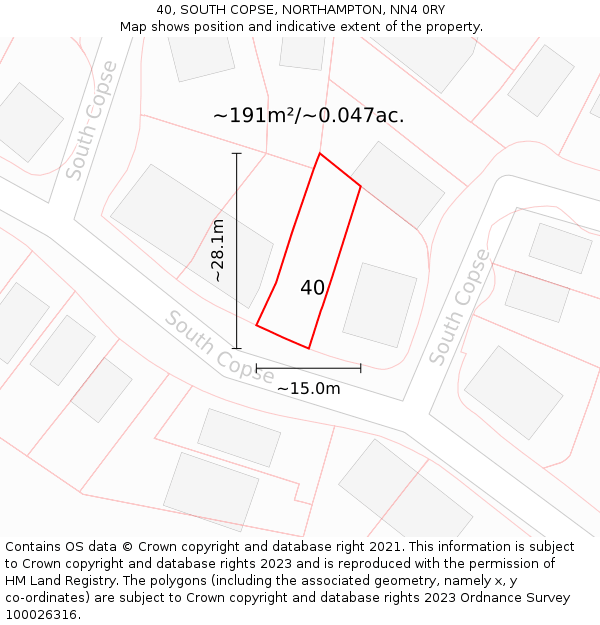 40, SOUTH COPSE, NORTHAMPTON, NN4 0RY: Plot and title map