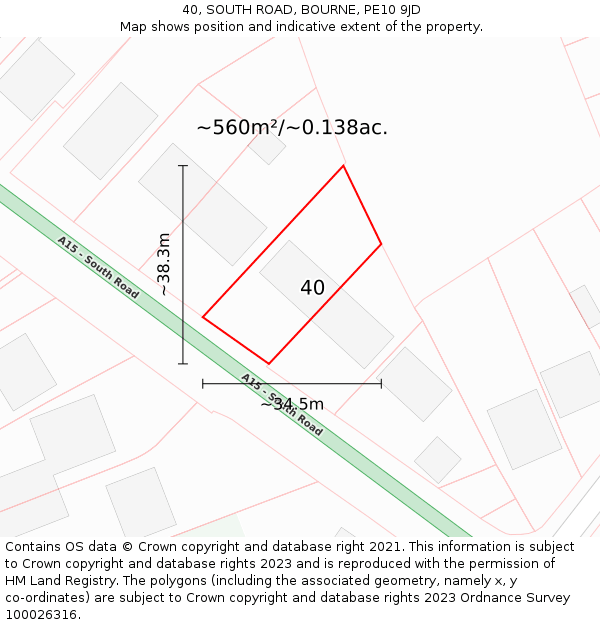 40, SOUTH ROAD, BOURNE, PE10 9JD: Plot and title map