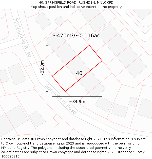 40, SPRINGFIELD ROAD, RUSHDEN, NN10 0FD: Plot and title map