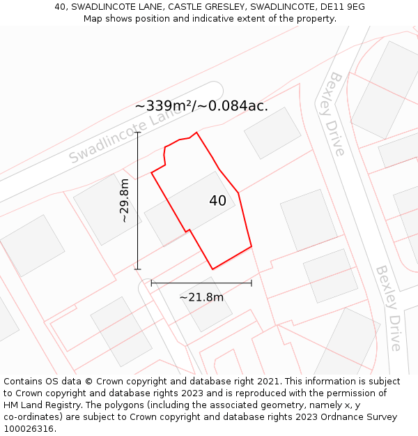 40, SWADLINCOTE LANE, CASTLE GRESLEY, SWADLINCOTE, DE11 9EG: Plot and title map