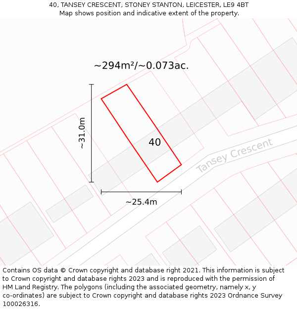 40, TANSEY CRESCENT, STONEY STANTON, LEICESTER, LE9 4BT: Plot and title map