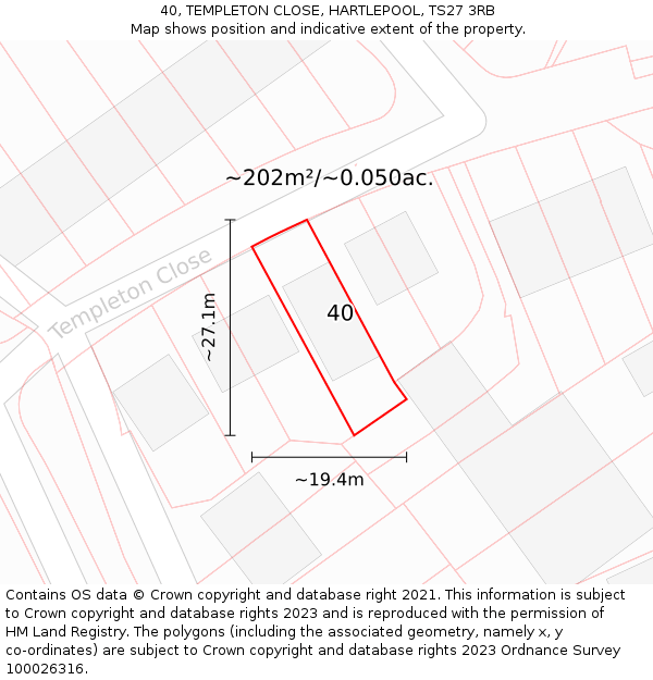 40, TEMPLETON CLOSE, HARTLEPOOL, TS27 3RB: Plot and title map