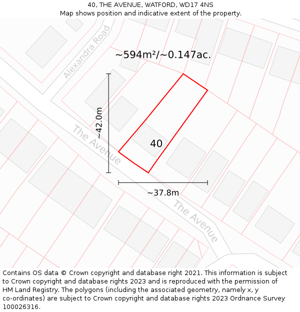 40, THE AVENUE, WATFORD, WD17 4NS: Plot and title map
