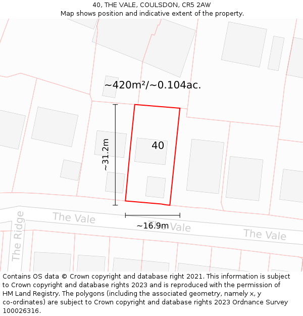 40, THE VALE, COULSDON, CR5 2AW: Plot and title map