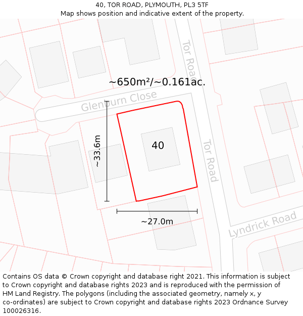 40, TOR ROAD, PLYMOUTH, PL3 5TF: Plot and title map