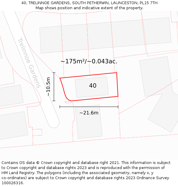 40, TRELINNOE GARDENS, SOUTH PETHERWIN, LAUNCESTON, PL15 7TH: Plot and title map