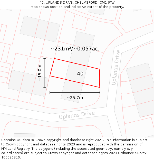 40, UPLANDS DRIVE, CHELMSFORD, CM1 6TW: Plot and title map