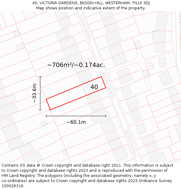 40, VICTORIA GARDENS, BIGGIN HILL, WESTERHAM, TN16 3DJ: Plot and title map