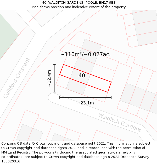 40, WALDITCH GARDENS, POOLE, BH17 9ES: Plot and title map