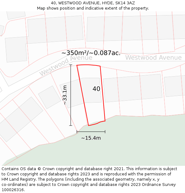 40, WESTWOOD AVENUE, HYDE, SK14 3AZ: Plot and title map