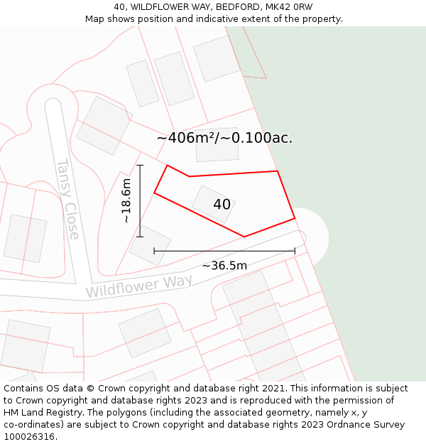 40, WILDFLOWER WAY, BEDFORD, MK42 0RW: Plot and title map